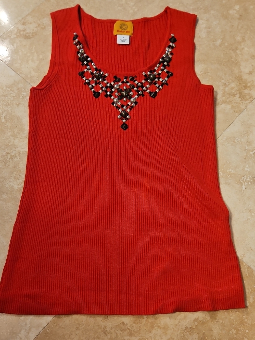 NWOT Ruby Rd. Red Ribbed Tank with Jeweled Neckline